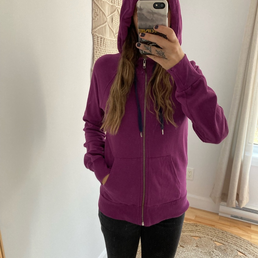 WESC purple zip up hoodie with velvet logo